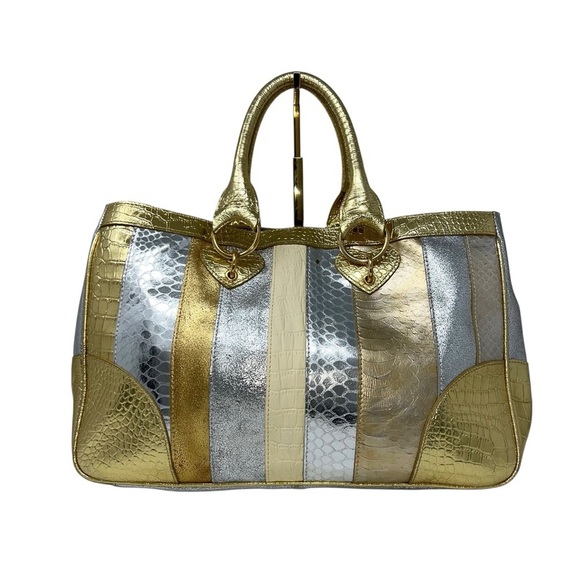 BEVERLY FELDMAN Shoulder Bag Satchel Gold / Silver Leather handbag - Picture 15 of 16
